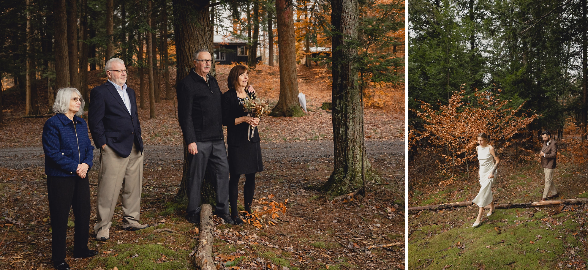 parents and bride and groom gather for wedding ceremony outside Langston Cottage at Vanderkamp NY before fall wedding elopement