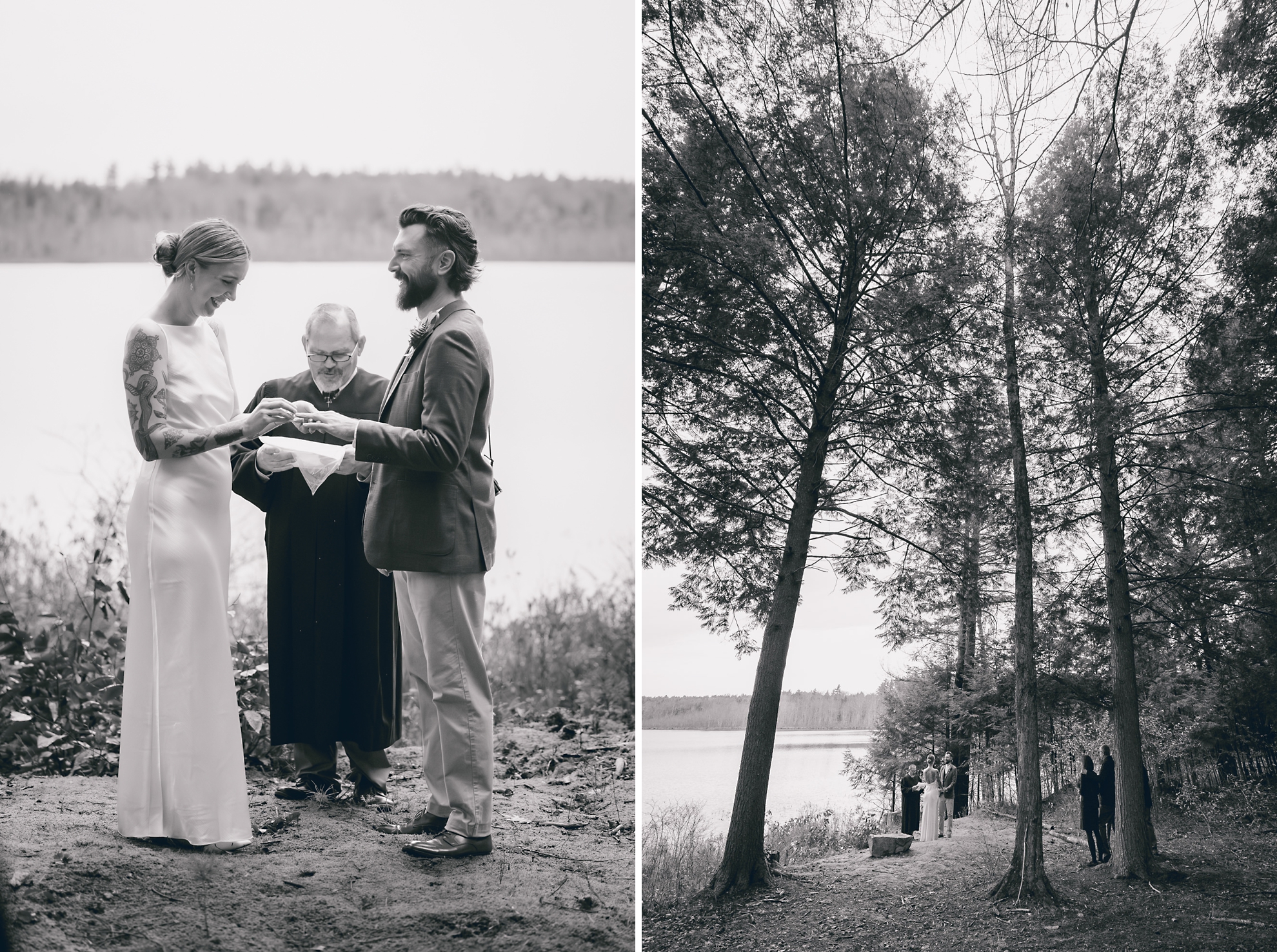 bride places ring on grooms finger during micro wedding elopement ceremony in front of lake at Vanderkamp NY in the Adirondacks