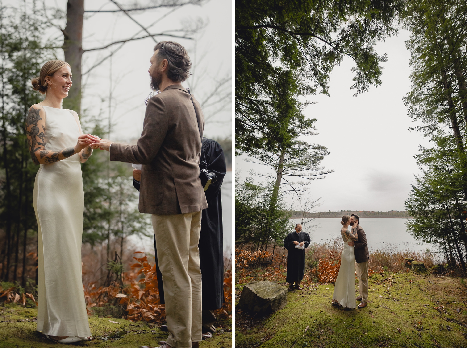 bride and groom share first kiss in front of lake during micro wedding elopement ceremony at Vanderkamp NY in the Adirondack Mountains