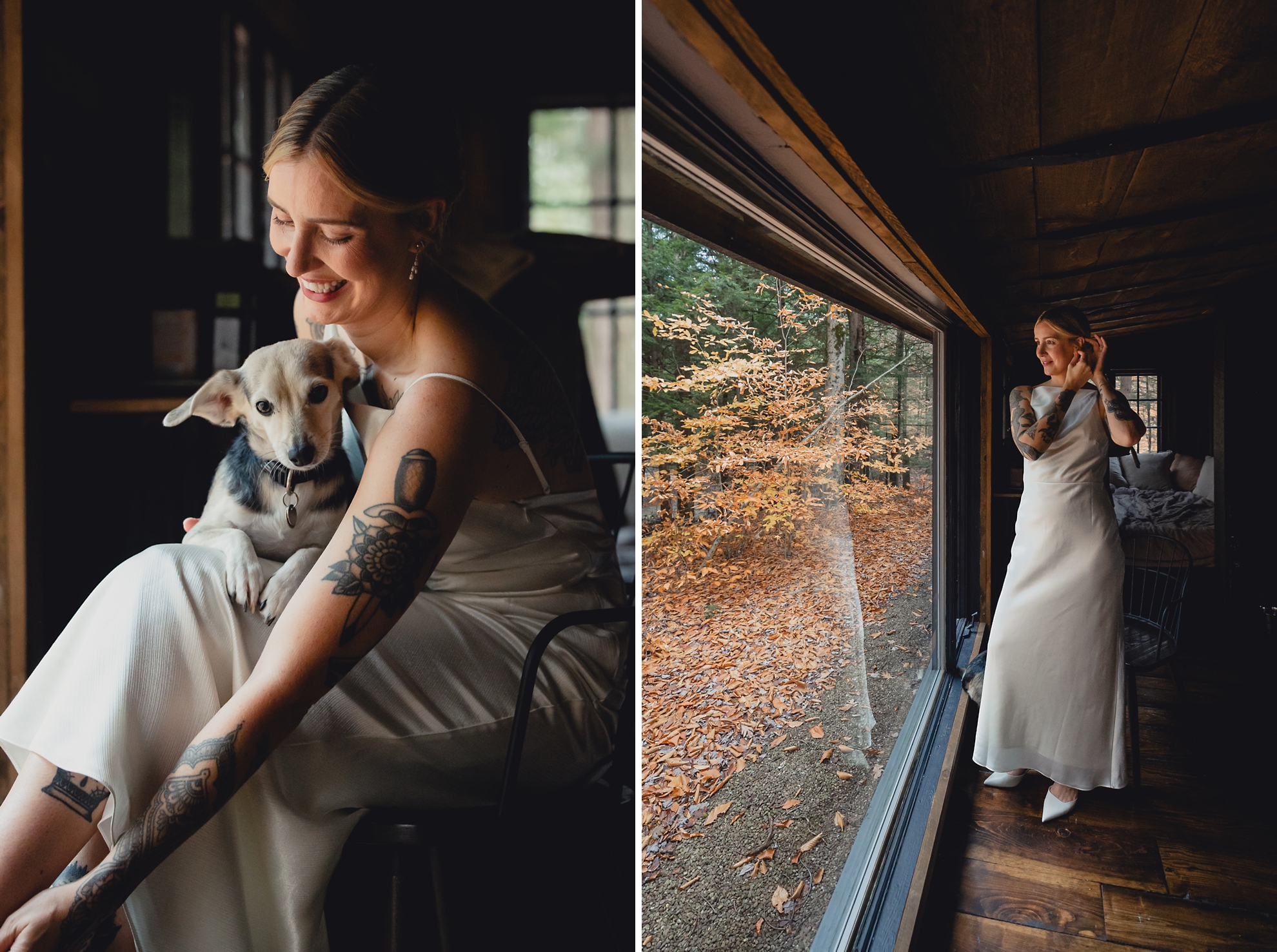 bride gets ready with dog in Langston Cottage at Vanderkamp NY before wedding elopement