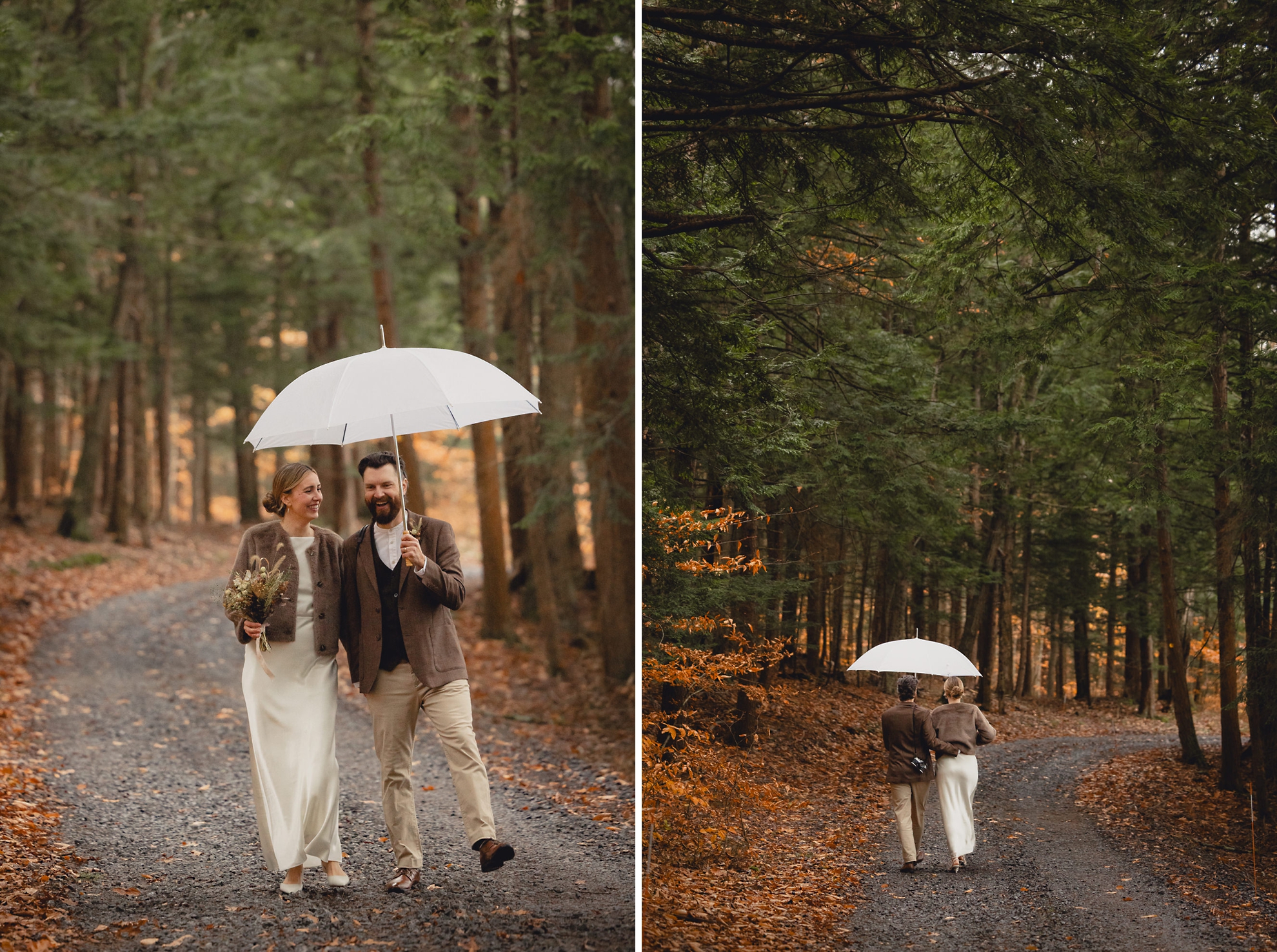 bride and groom walk along path in woods during fall after micro wedding elopement ceremony at Vanderkamp NY in the Adirondacks
