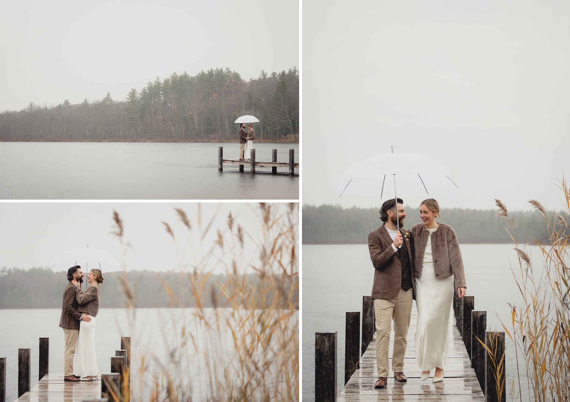 bride and groom laugh with umbrella at lake during fall after micro wedding elopement ceremony at Vanderkamp NY in the Adirondacks