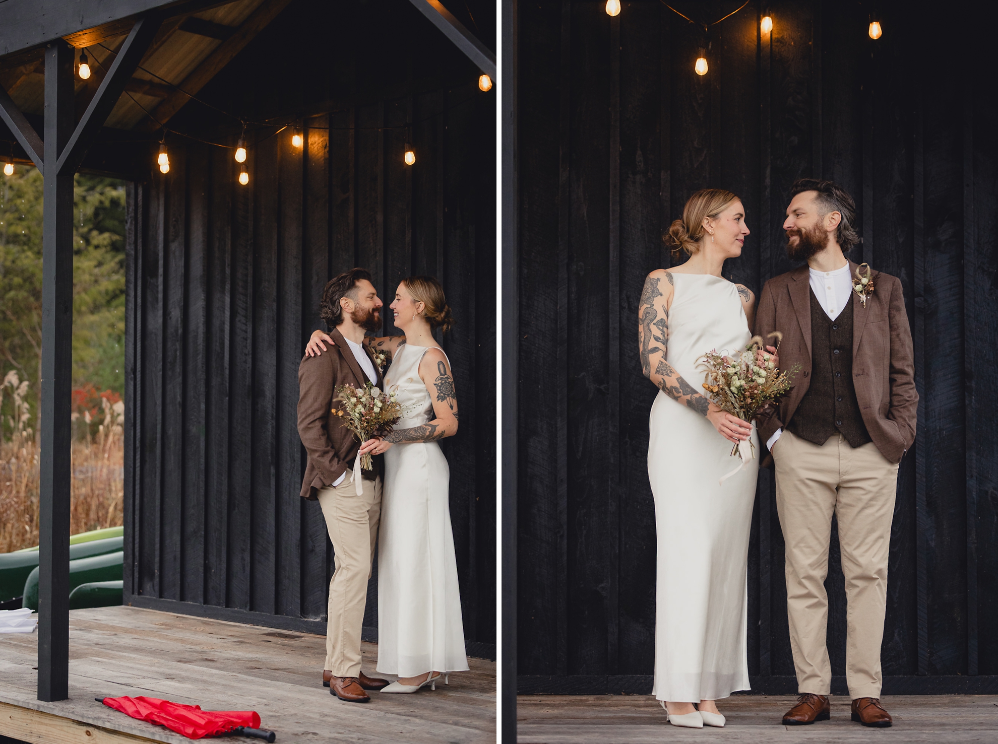 bride and groom look at each other under shelter by lake during fall after micro wedding elopement ceremony at Vanderkamp NY in the Adirondacks