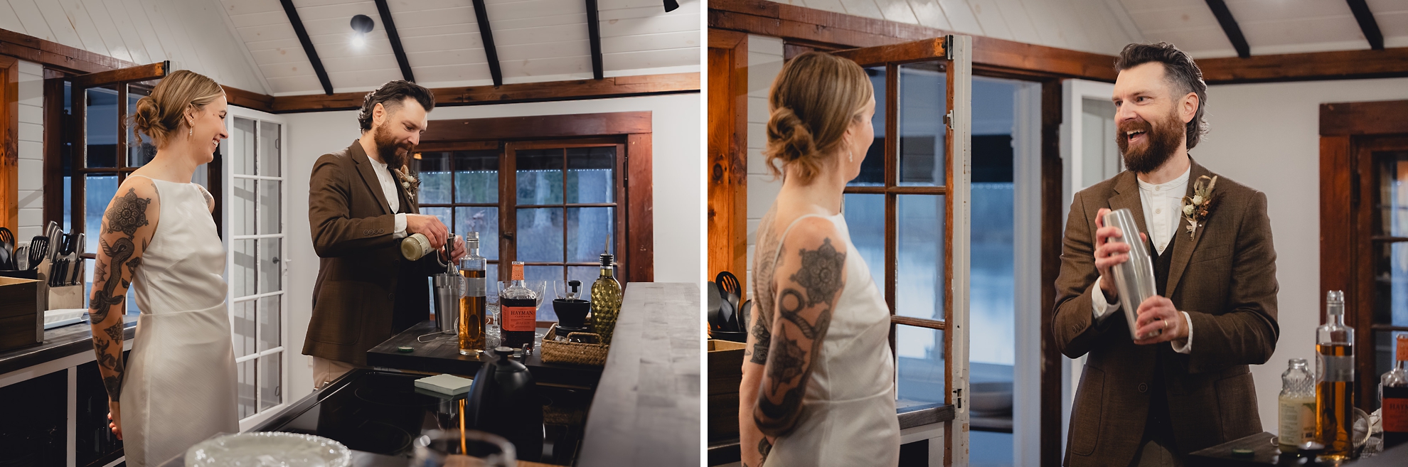 groom mixes cocktails in boathouse after micro wedding elopement at Vanderkamp NY in the Adirondacks